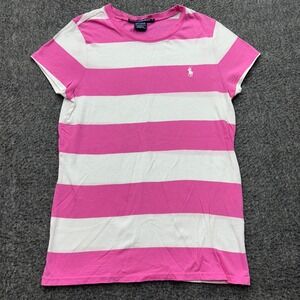 Ralph Lauren Sport Baby Tee Top Womens L Pink Striped Stretch Cotton Preppy